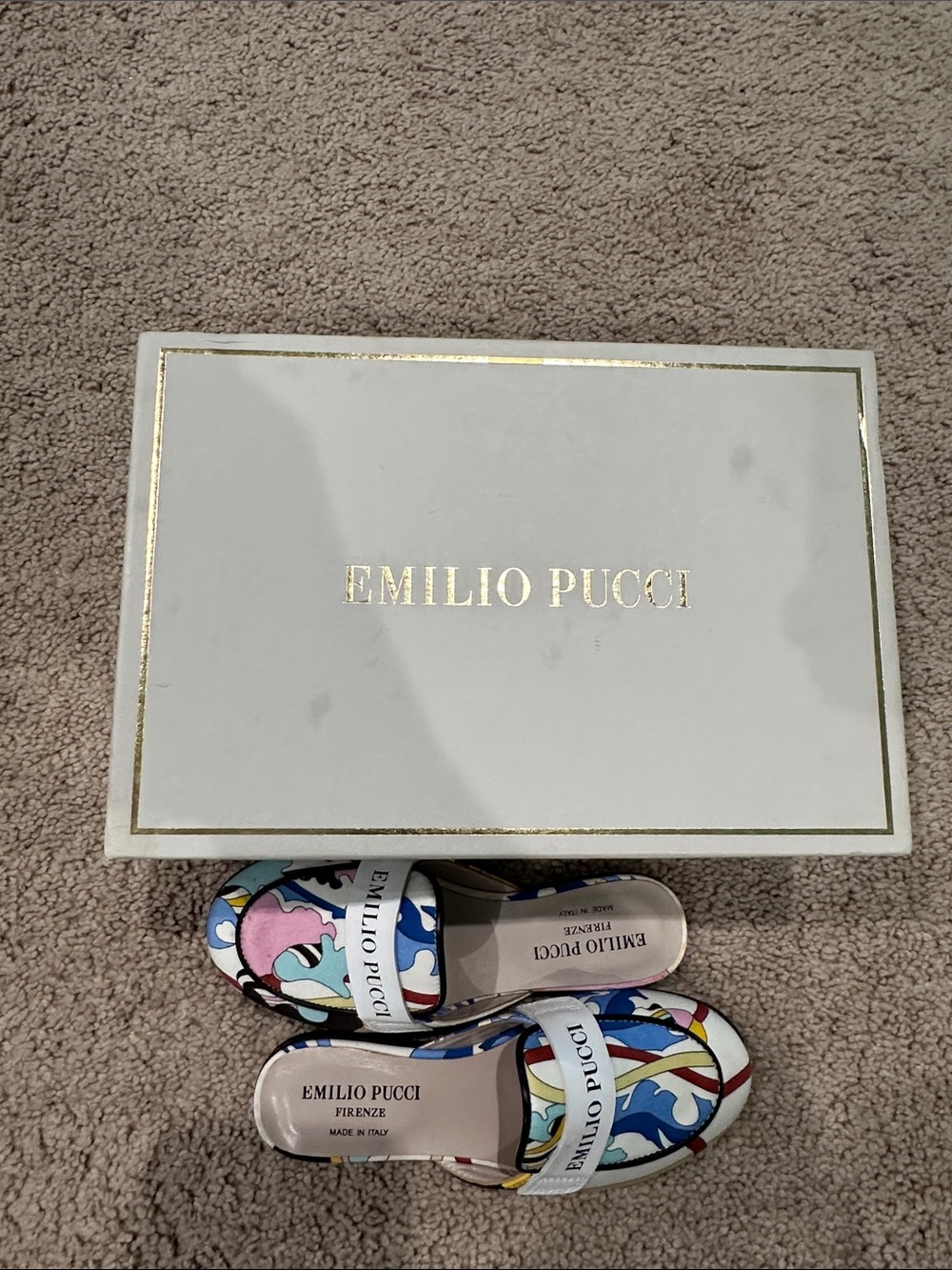 Emilio Pucci White Multicolor Patterned Slide Sandals
